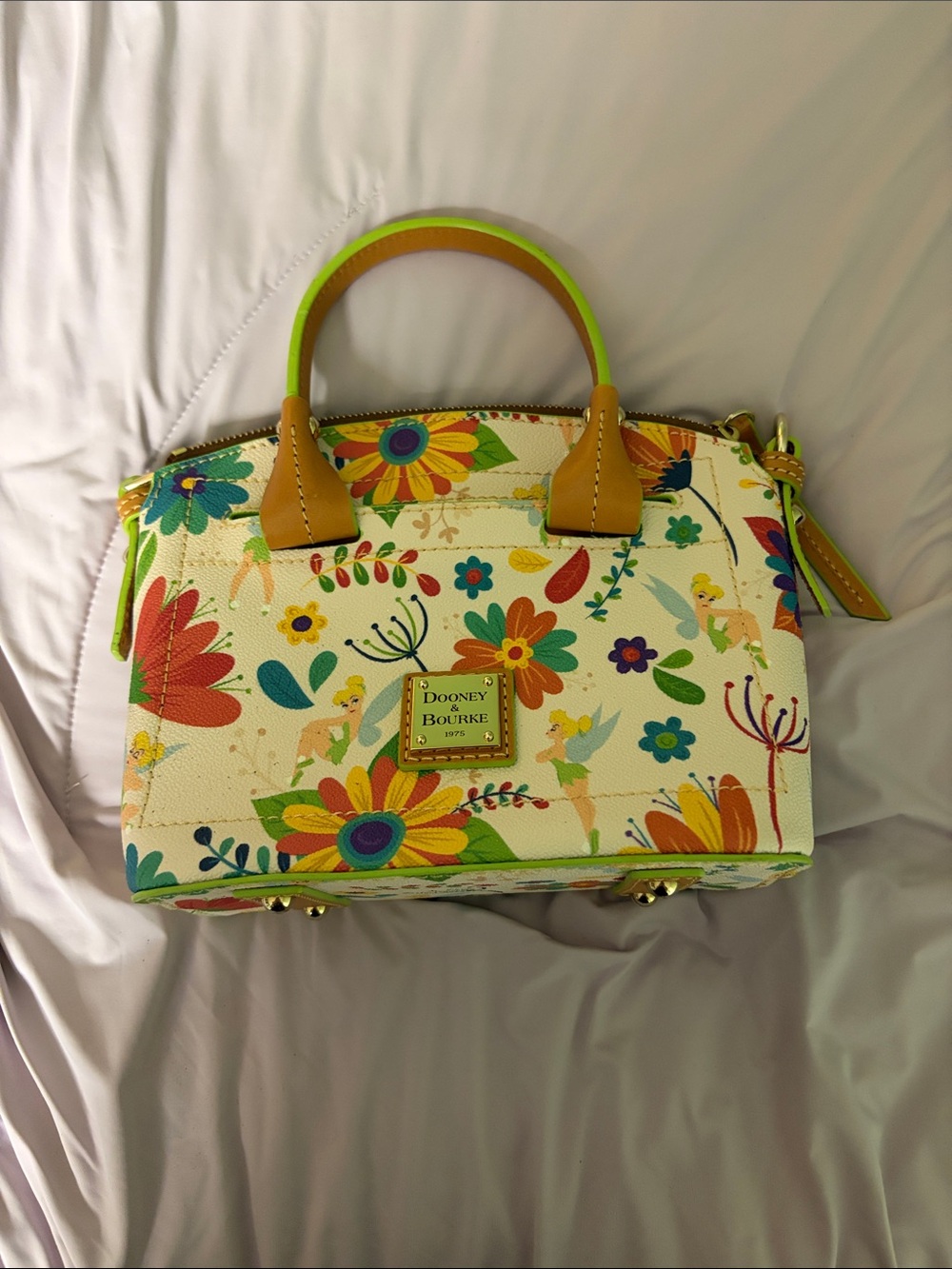 Dooney & Bourke Cream Floral Satchel with Multicolor Blooms and Tan Handles